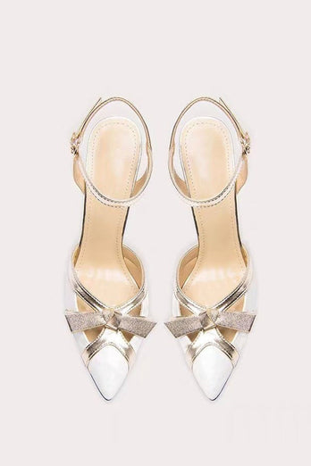 White Pointed Toe Ankle Strap High Heels with Bow