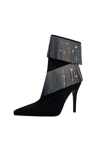 Sparkly Black Beading Ankle Boots with Tassels