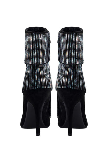 Sparkly Black Beading Ankle Boots with Tassels