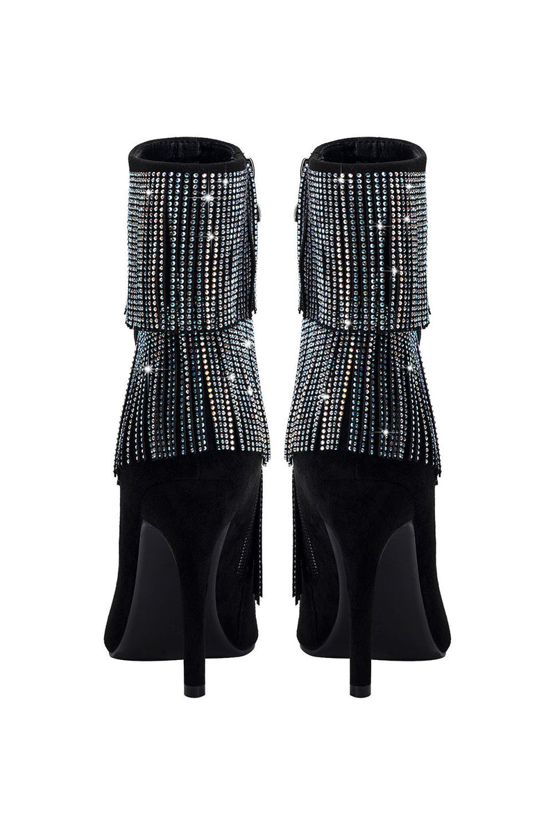 Load image into Gallery viewer, Sparkly Black Beading Ankle Boots with Tassels