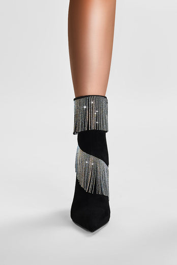 Sparkly Black Beading Ankle Boots with Tassels