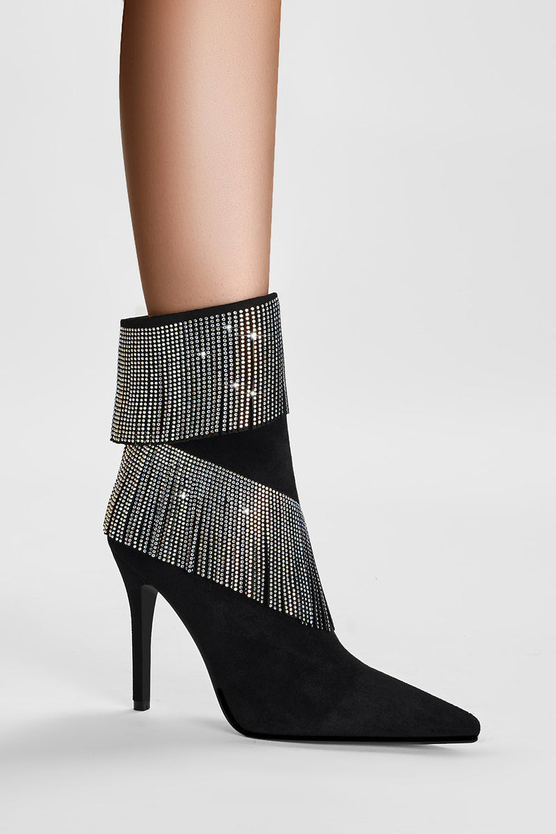 Load image into Gallery viewer, Sparkly Black Beading Ankle Boots with Tassels