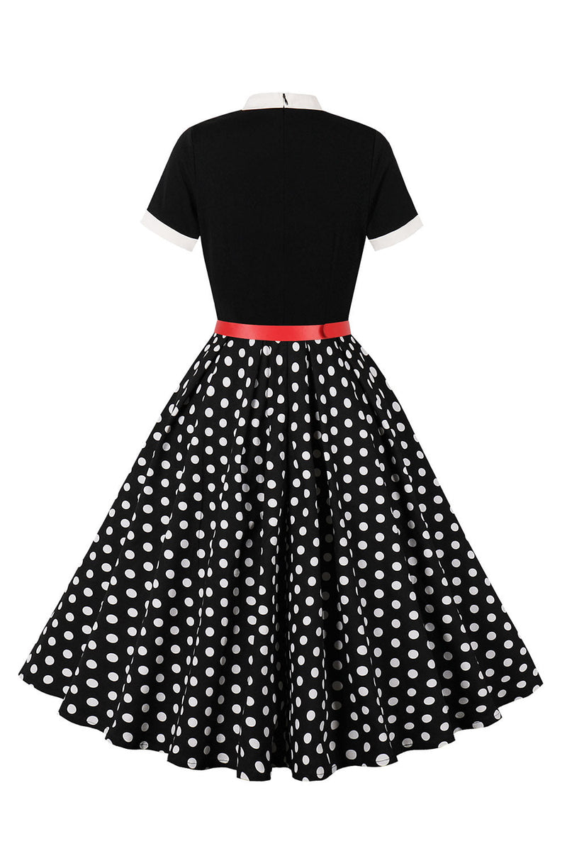 Load image into Gallery viewer, A Line Black Polka Dots Short Sleeves 1950s Dress with Belt