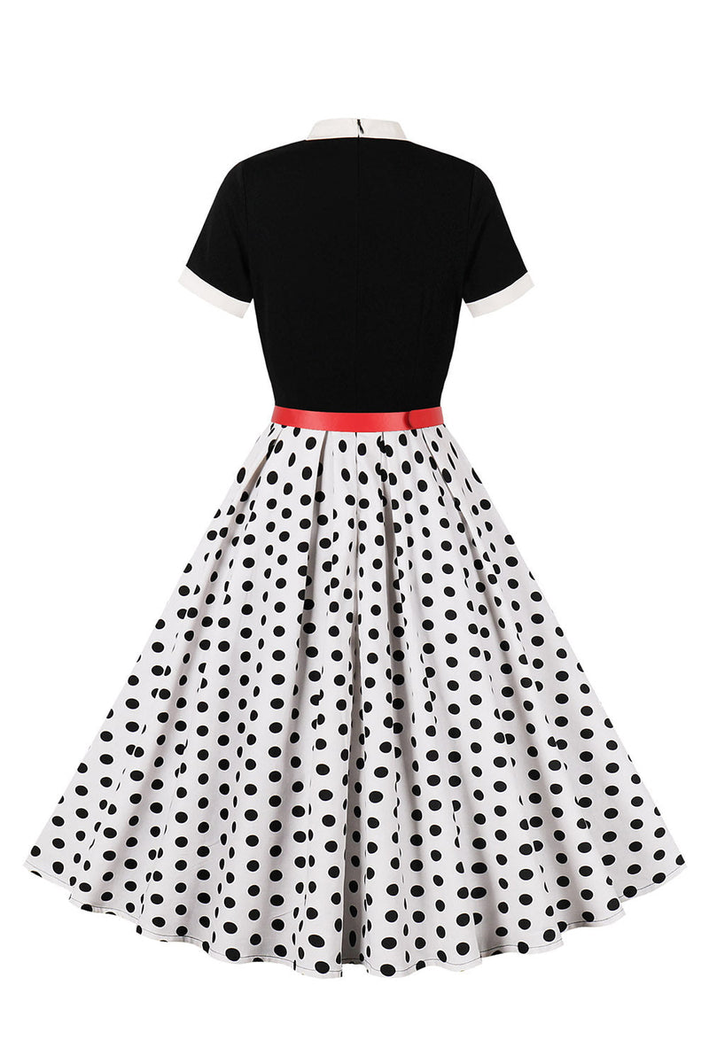 Load image into Gallery viewer, A Line Black Polka Dots Short Sleeves 1950s Dress with Belt