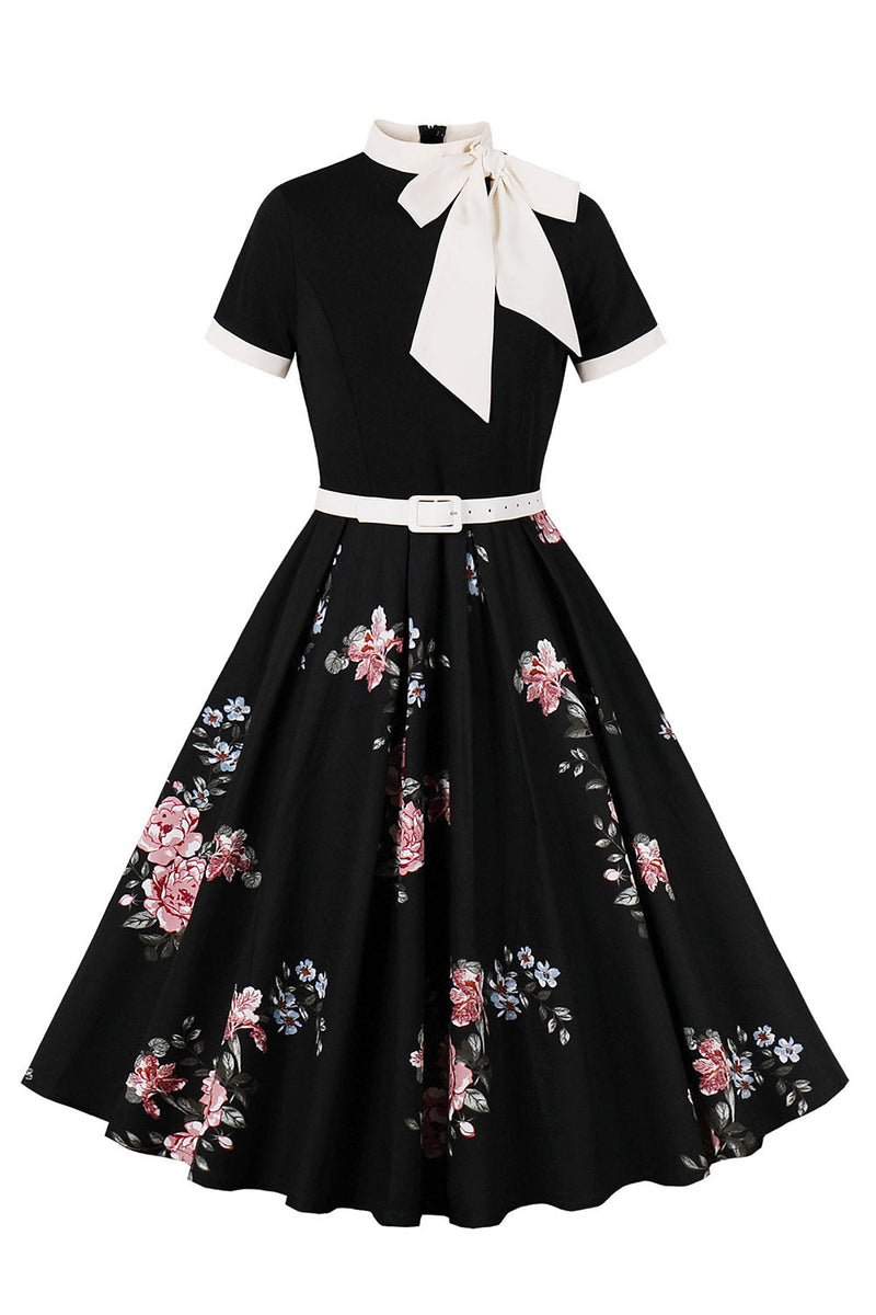 Load image into Gallery viewer, Blue Floral Printed 1950s Dresses with Short Sleeves