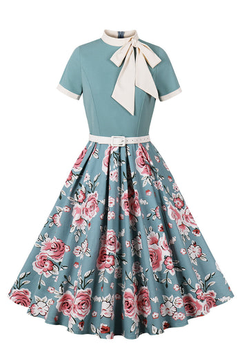 Blue Floral Printed 1950s Dresses with Short Sleeves