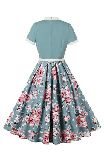 Blue Floral Printed 1950s Dresses with Short Sleeves