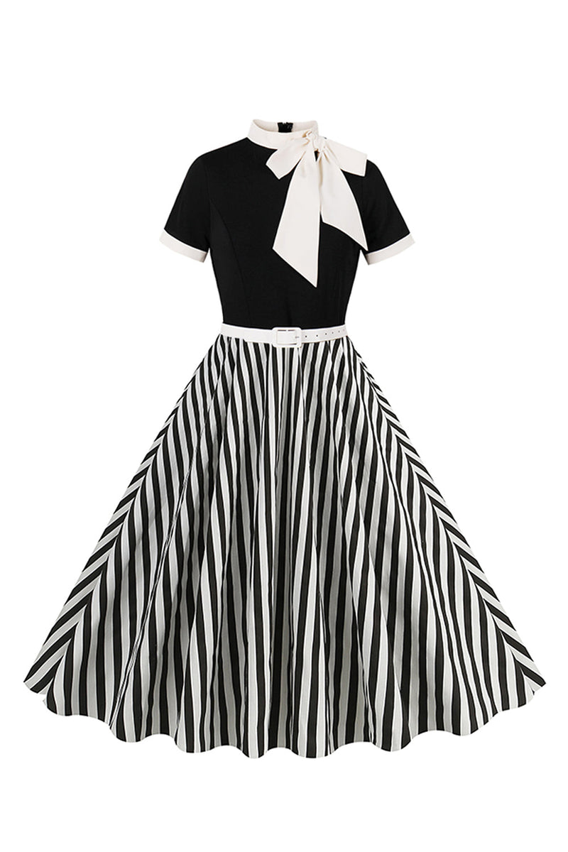 Load image into Gallery viewer, A Line Black Pinstripe 1950s Swing Dress with Short Sleeves