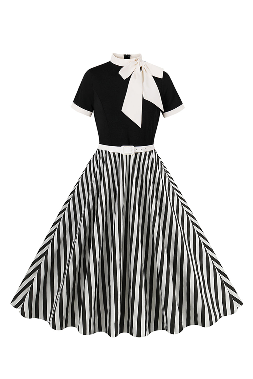 A Line Black Pinstripe 1950s Swing Dress with Short Sleeves