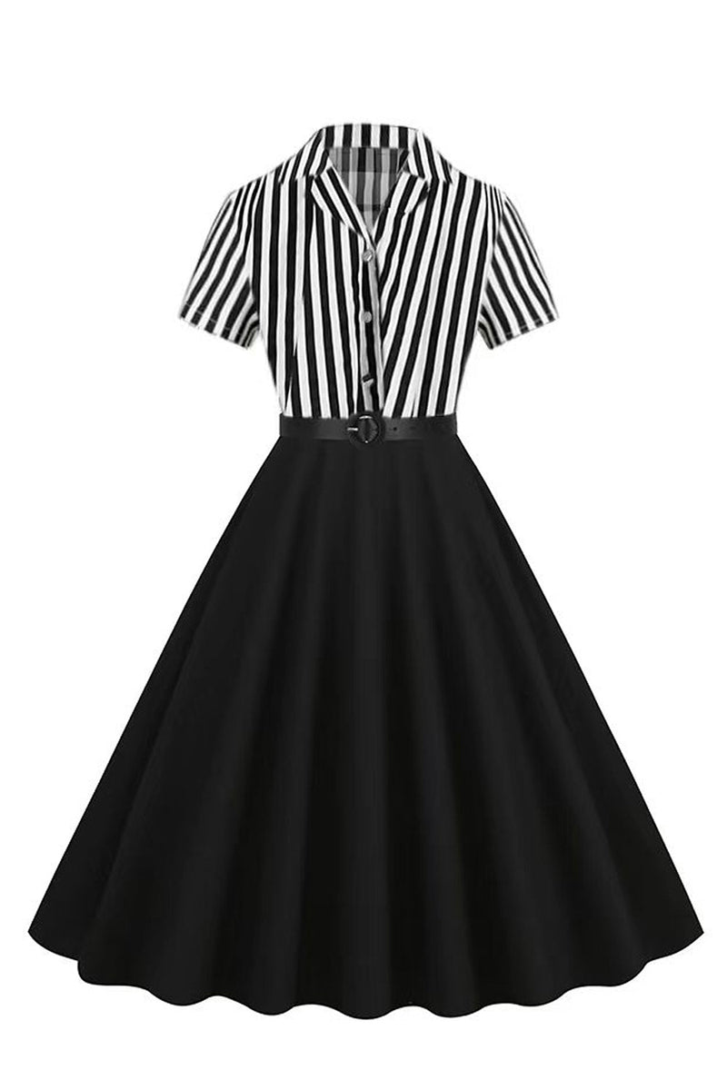 Load image into Gallery viewer, A Line Black Stripe 1950s Dress with Short Sleeves