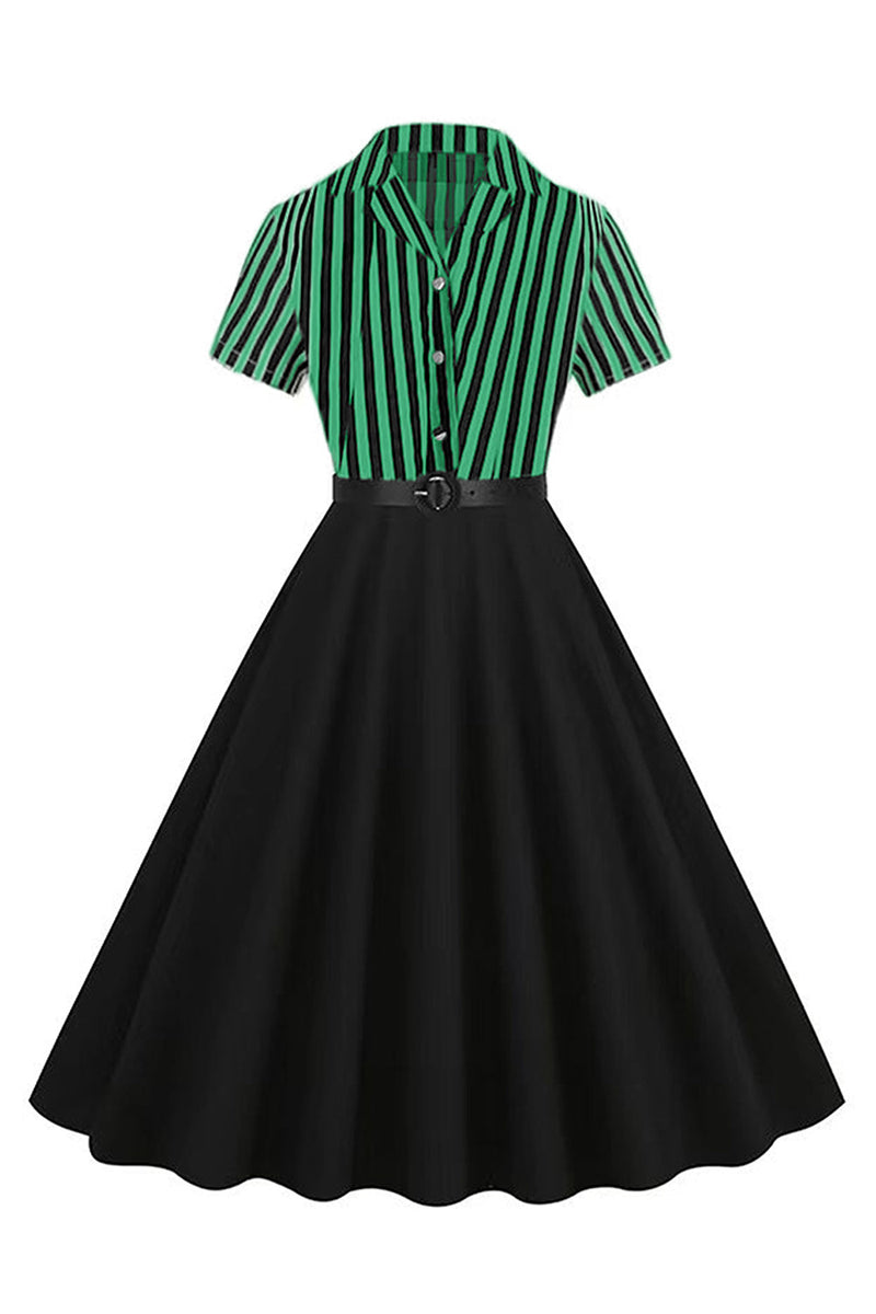 Load image into Gallery viewer, A Line Black Stripe 1950s Dress with Short Sleeves