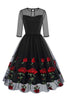 Load image into Gallery viewer, Black A Line Rose Floral 1950s Dress with Half Sleeves