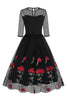 Load image into Gallery viewer, Black A Line Rose Floral 1950s Dress with Half Sleeves