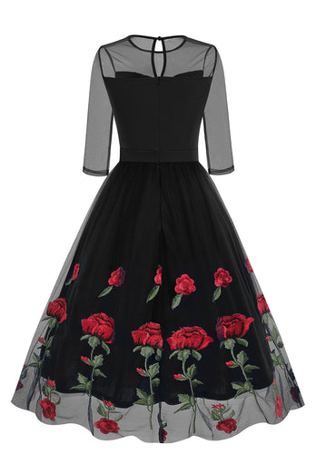 Black A Line Rose Floral 1950s Dress with Half Sleeves