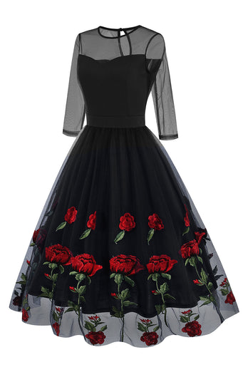 Black A Line Rose Floral 1950s Dress with Half Sleeves