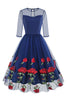 Load image into Gallery viewer, Black A Line Rose Floral 1950s Dress with Half Sleeves