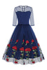 Load image into Gallery viewer, Black A Line Rose Floral 1950s Dress with Half Sleeves