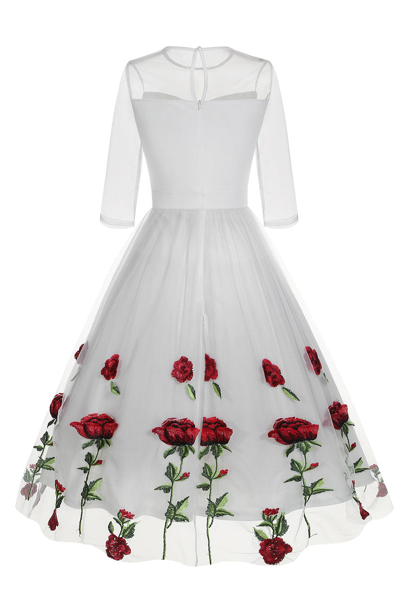 Load image into Gallery viewer, Black A Line Rose Floral 1950s Dress with Half Sleeves