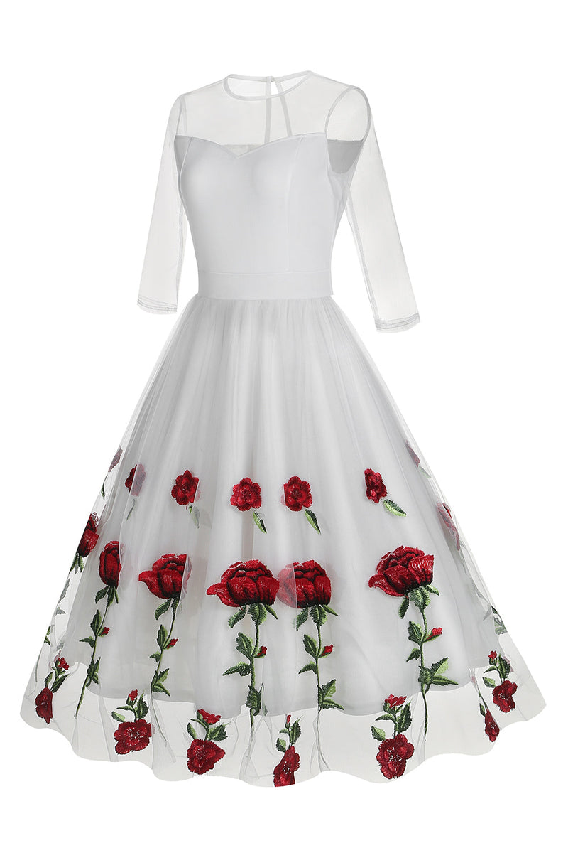 Load image into Gallery viewer, Black A Line Rose Floral 1950s Dress with Half Sleeves