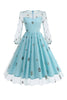 Load image into Gallery viewer, Floral Blue A Line 1950s Dress with Long Sleeves