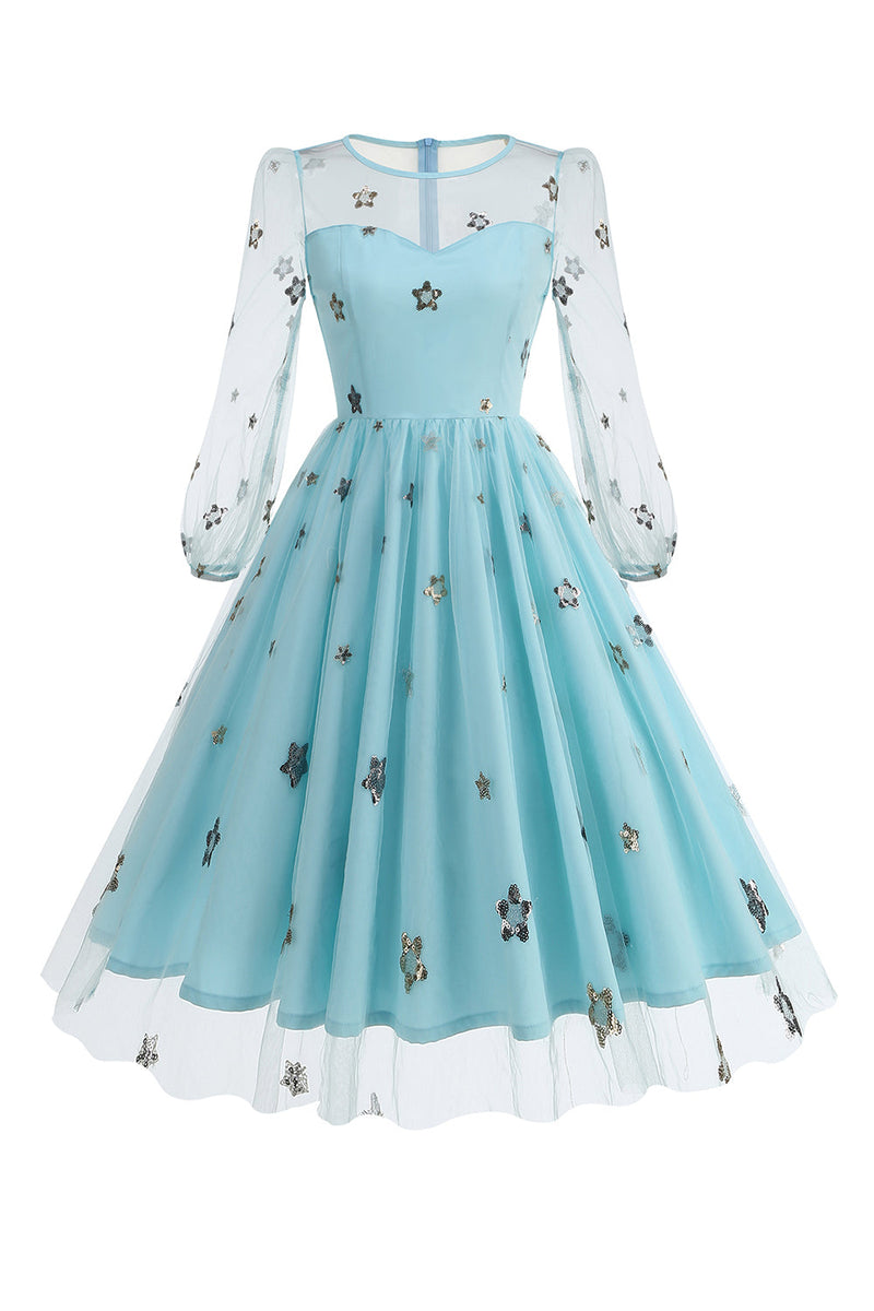 Load image into Gallery viewer, Floral Blue A Line 1950s Dress with Long Sleeves