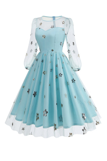 Floral Blue A Line 1950s Dress with Long Sleeves