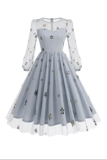 Floral Blue A Line 1950s Dress with Long Sleeves