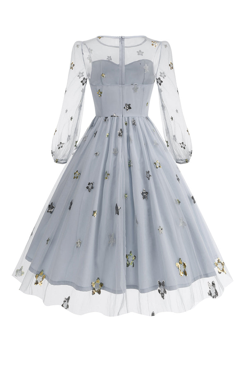 Load image into Gallery viewer, Floral Blue A Line 1950s Dress with Long Sleeves