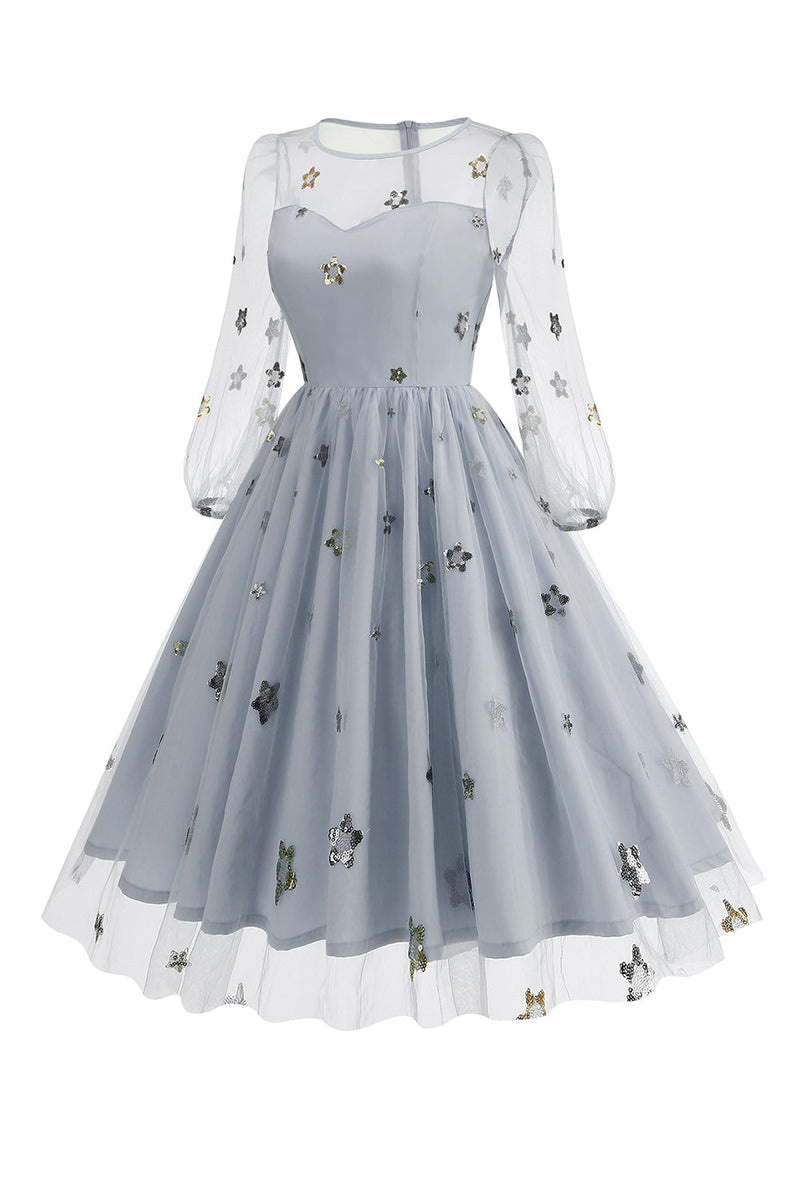 Load image into Gallery viewer, Floral Blue A Line 1950s Dress with Long Sleeves