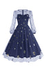 Load image into Gallery viewer, Floral Blue A Line 1950s Dress with Long Sleeves