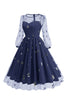 Load image into Gallery viewer, Floral Blue A Line 1950s Dress with Long Sleeves