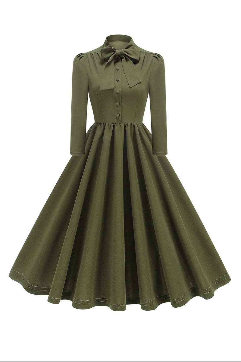 Load image into Gallery viewer, Purple Pleated Bow Tie 1950s Dress with Long Sleeves