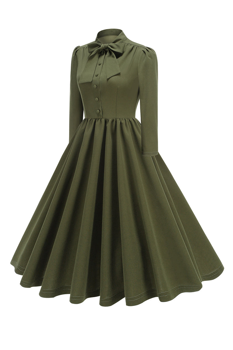 Load image into Gallery viewer, Purple Pleated Bow Tie 1950s Dress with Long Sleeves