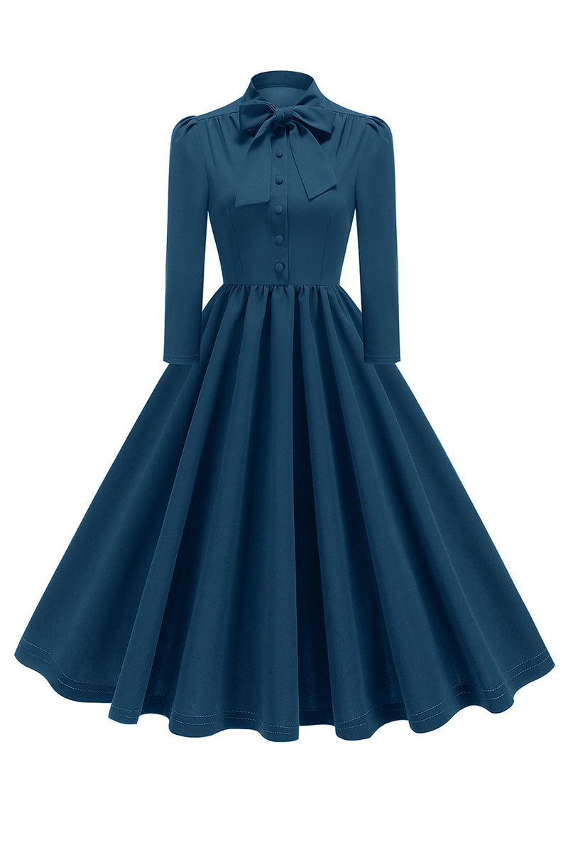 Load image into Gallery viewer, Purple Pleated Bow Tie 1950s Dress with Long Sleeves