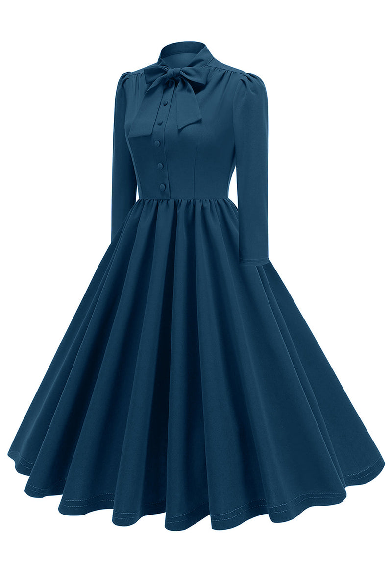 Load image into Gallery viewer, Purple Pleated Bow Tie 1950s Dress with Long Sleeves