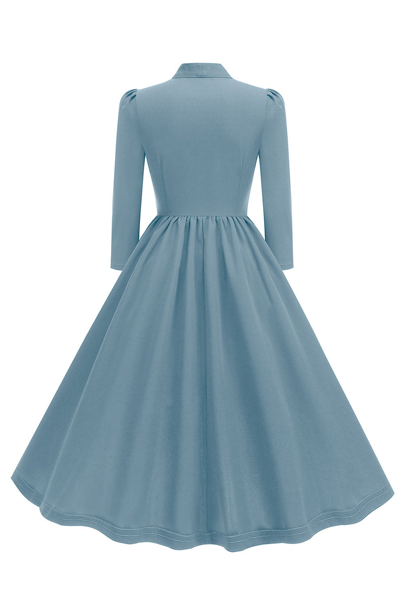 Load image into Gallery viewer, Purple Pleated Bow Tie 1950s Dress with Long Sleeves