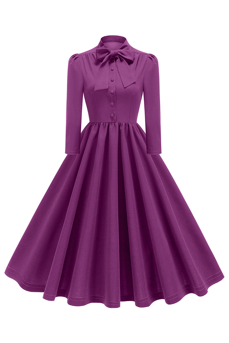 Load image into Gallery viewer, Purple Pleated Bow Tie 1950s Dress with Long Sleeves