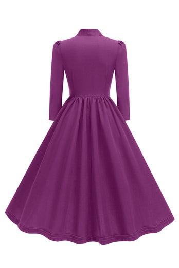 Purple Pleated Bow Tie 1950s Dress with Long Sleeves