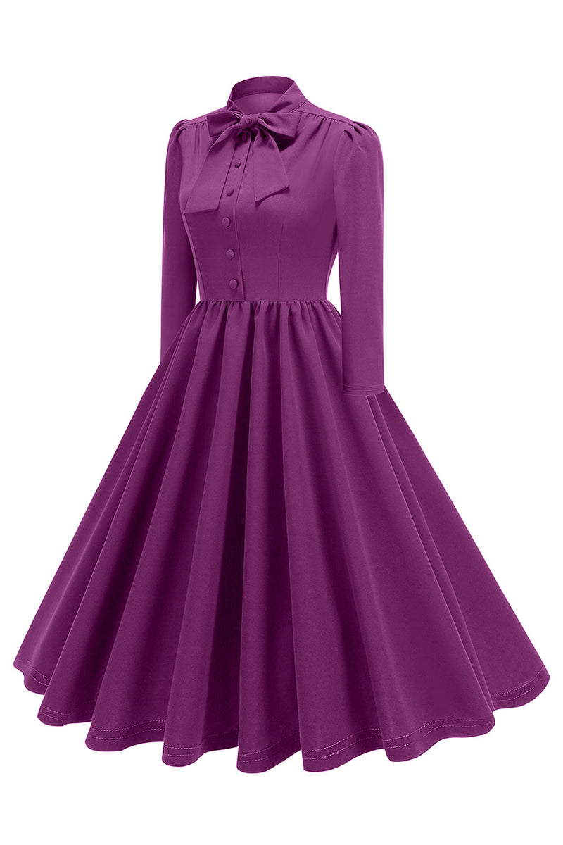 Load image into Gallery viewer, Purple Pleated Bow Tie 1950s Dress with Long Sleeves