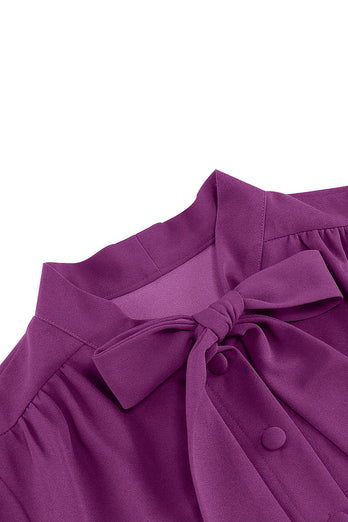 Purple Pleated Bow Tie 1950s Dress with Long Sleeves