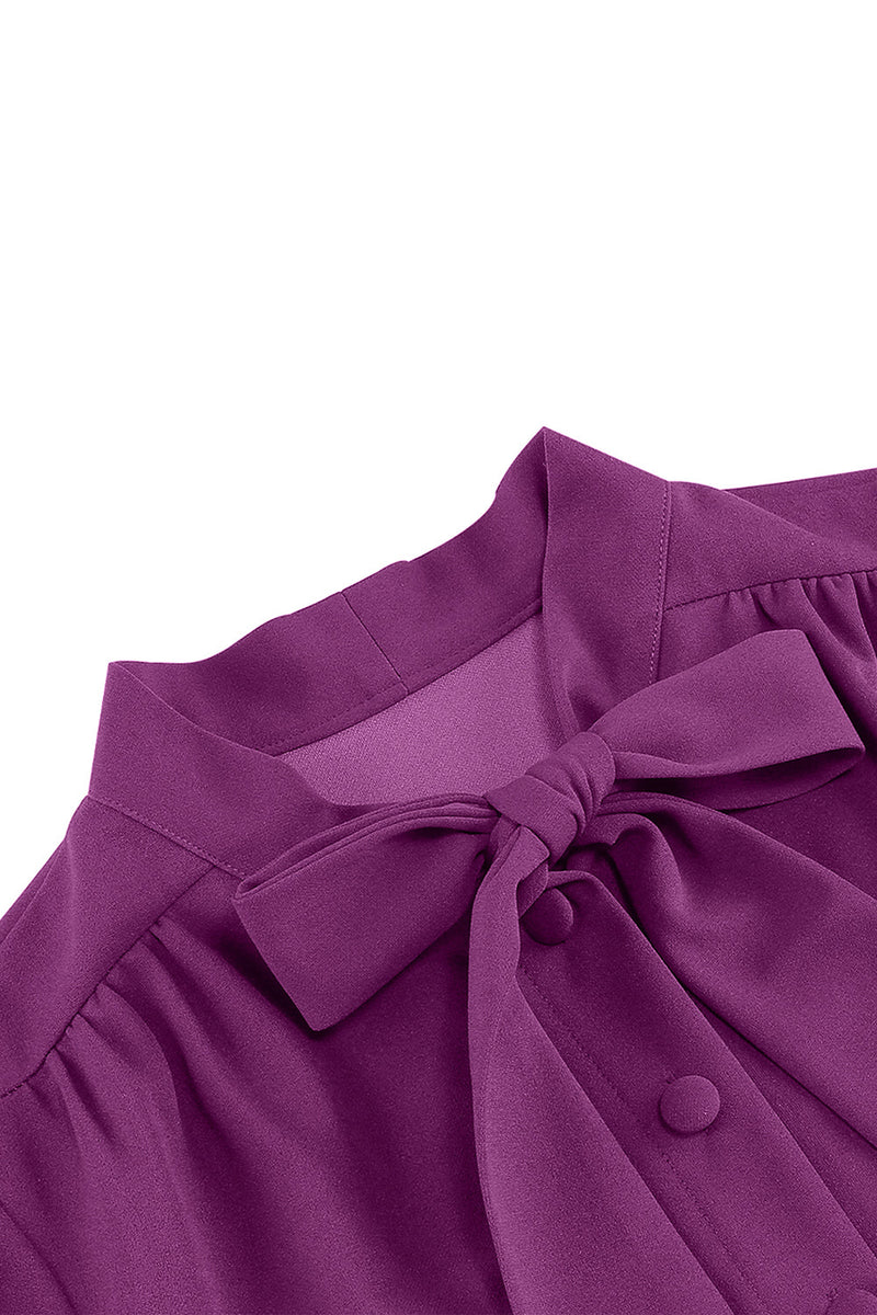 Load image into Gallery viewer, Purple Pleated Bow Tie 1950s Dress with Long Sleeves