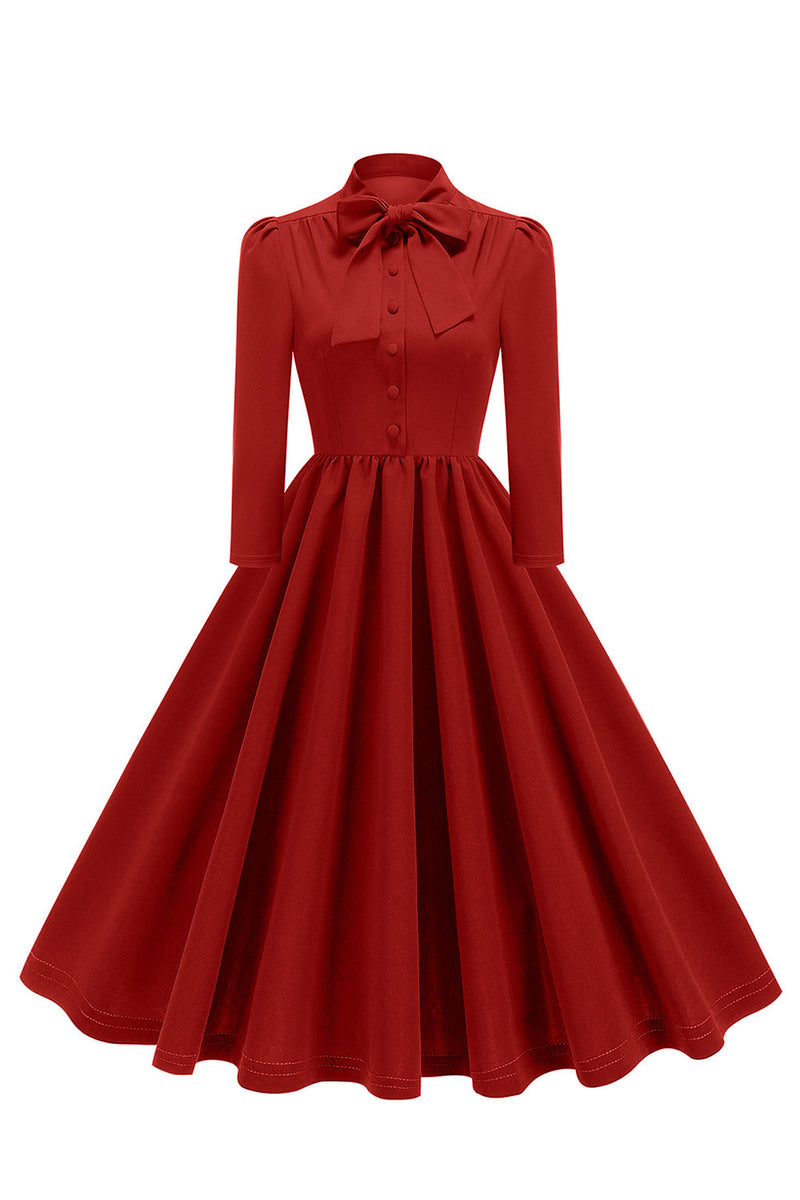 Load image into Gallery viewer, Purple Pleated Bow Tie 1950s Dress with Long Sleeves