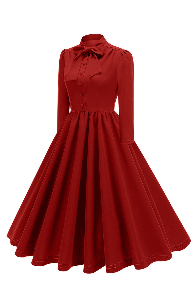 Load image into Gallery viewer, Purple Pleated Bow Tie 1950s Dress with Long Sleeves