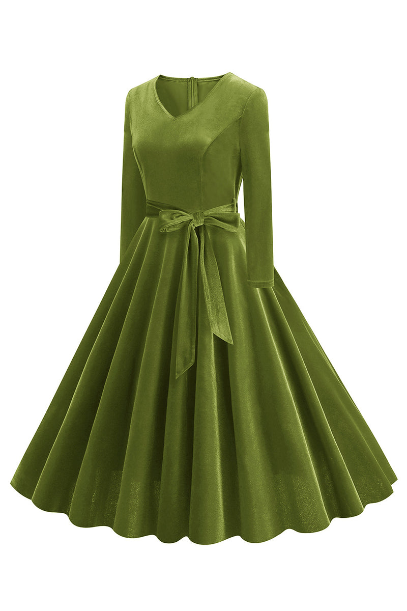 Load image into Gallery viewer, Yellow V Neck Pleated Long Sleeves 1950s Dress