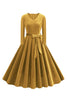 Load image into Gallery viewer, Yellow V Neck Pleated Long Sleeves 1950s Dress