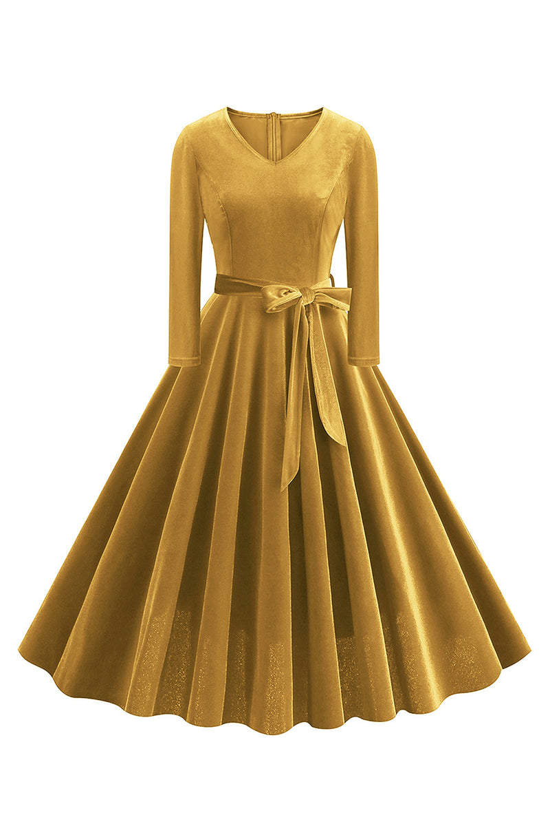 Load image into Gallery viewer, Yellow V Neck Pleated Long Sleeves 1950s Dress