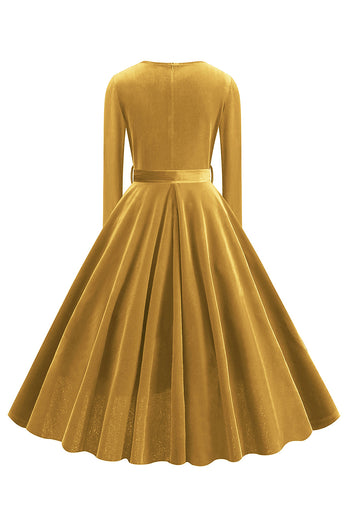 Yellow V Neck Pleated Long Sleeves 1950s Dress