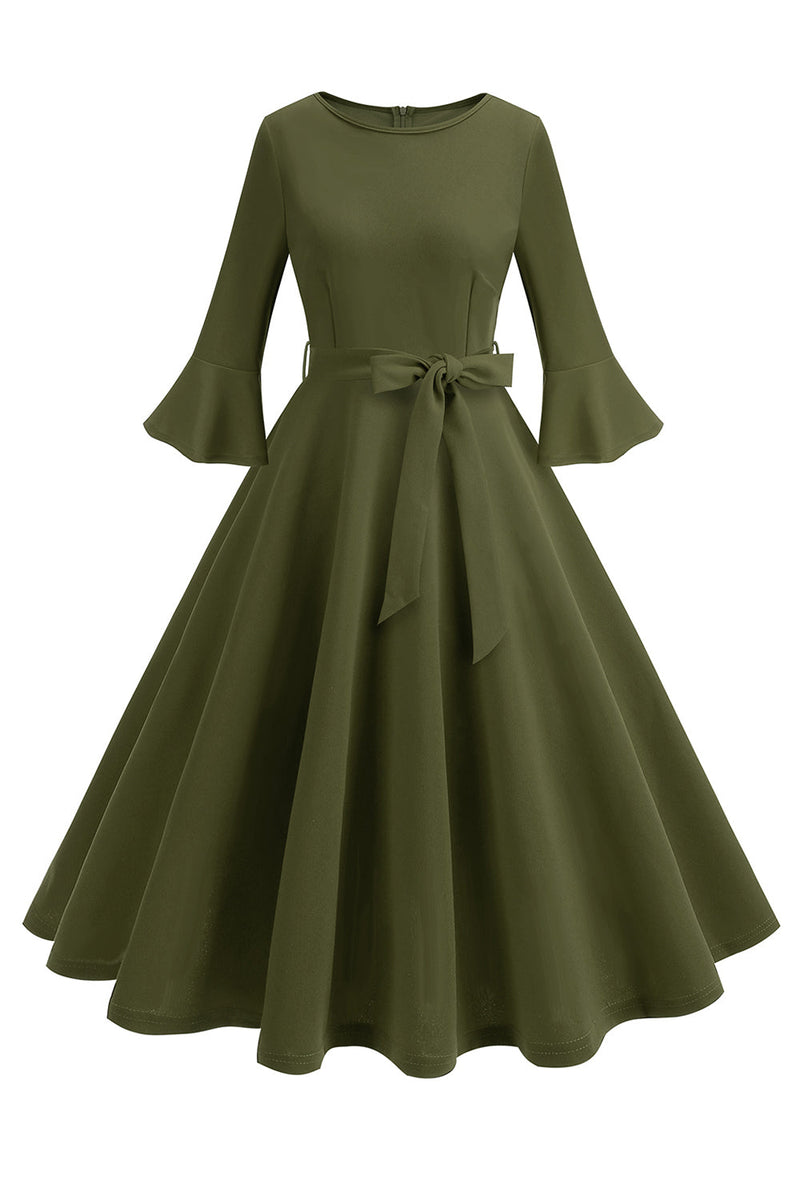 Load image into Gallery viewer, Dark Green Round Neck Pleated Long Sleeves 1950s Vintage Dress