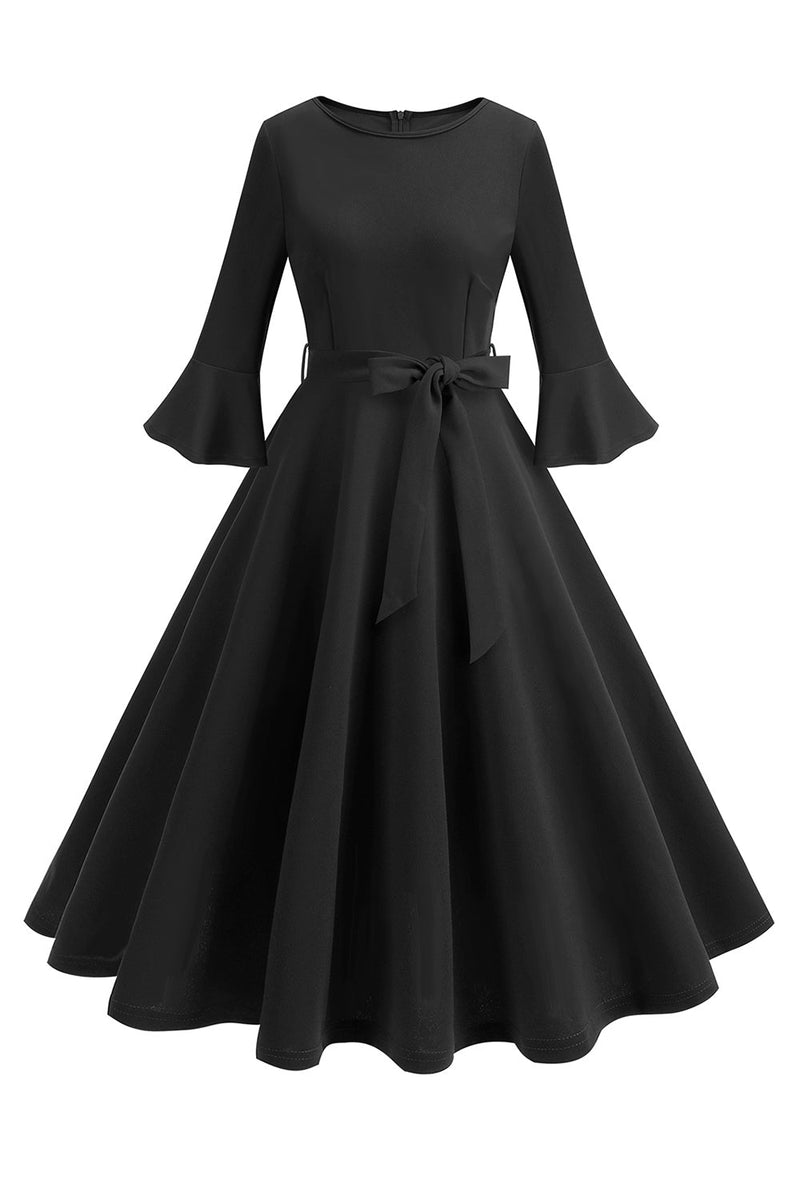 Load image into Gallery viewer, Dark Green Round Neck Pleated Long Sleeves 1950s Vintage Dress