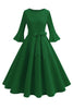 Load image into Gallery viewer, Dark Green Round Neck Pleated Long Sleeves 1950s Vintage Dress